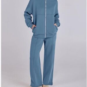 Blue Wide-Leg Sweat set  with Elastic Waist Zipper jacket